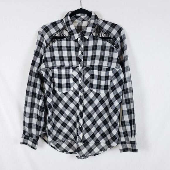 Free People Boho Western Plaid Shirt Womens XS Plaid Grunge Lace-Up Cut-Out - Picture 2 of 12